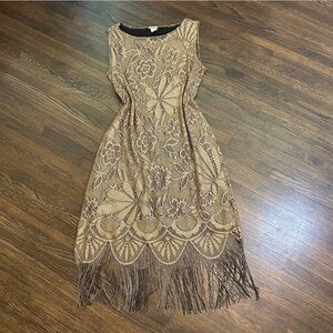 Vintage Gold Metallic Cathedral Lace Fringed Flapper Dress
